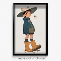 Art Poster - Boy Feeling Pensiveness Wearing Quizzical Rubber Boots