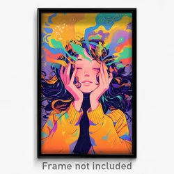 Anime Art Poster - Woman Feeling Bliss, Quixotic Hands On Headwear (Print)