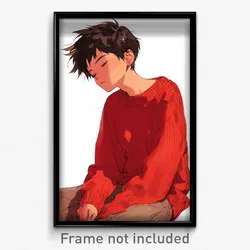 Art Poster - Boys Feeling Lazy Wearing Mature Red Sweater