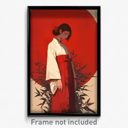 Art Poster - Girl Feeling Self Critical Wearing Husky Red Hakama (Print)