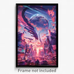 Art Poster - An Alien Invasion Force Descending Upon A Futuristic City, With