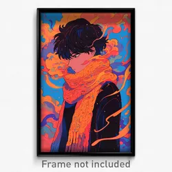 Anime Art Poster - Boy Feeling Moody Wearing Colorless Orange Scarf (Print)