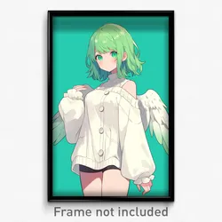 Anime Art Poster - Girl Feeling Liking Wearing Luxurious Green Wings (Print)