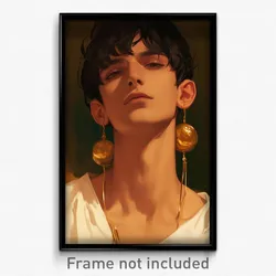 Art Poster - Boy Feeling Unhappy Wearing Spherical Gold Earrings (Print)