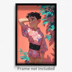 Art Poster - Boy Feeling Discombobulated Wearing Cheery Pink Kimono (Print)