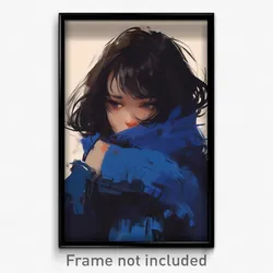 Art Poster - Girl Feeling Self Pity Wearing Tattered Blue Scarf (Print)