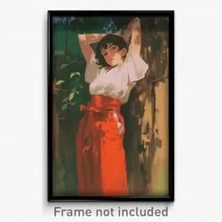 Anime Art Poster - Woman Feeling Dazed Wearing Wild Red Hakama (Print)