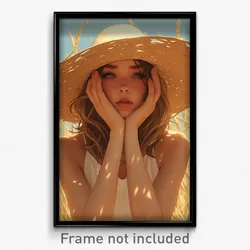 Art Poster - Girl Feeling Stressed Wearing Handmade Straw Hat (Print)