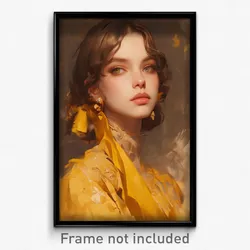 Art Poster - Woman Feeling Attentiveness Wearing Yellowish Ribbon Trim (Print)