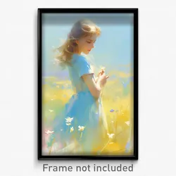 Art Poster - Girl Feeling Contentment Wearing Blue Dress Flower (Print)