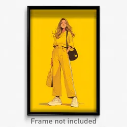 Art Poster - Woman Feeling Confusion Wearing Outrageous Yellow Bag (Print)