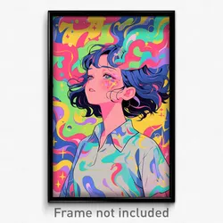 Anime Art Poster - Woman Feeling Contentment, Imaginative Grey Shirt (Print)