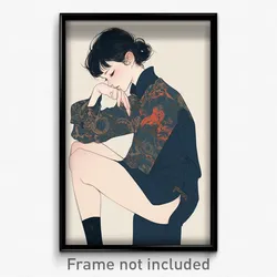 Anime Art Poster - Woman Feeling Depressed Wearing Agile Clothes Writing (Print)