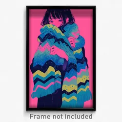 Anime Art Poster - Woman Feeling Relaxed Wearing Zigzag Fur Scarf (Print)
