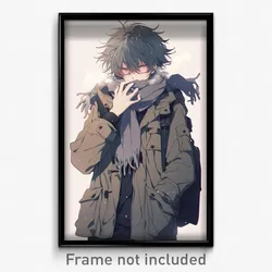 Anime Art Poster - Boy Feeling Lonely Wearing Multicolored Grey Scarf (Print)
