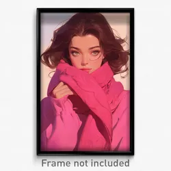Art Poster - Girl Feeling Awe Wearing Unique Pink Scarf (Print)