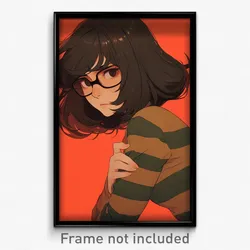 Anime Art Poster - Girl Feeling Melancholy, Striped Brown Framed Eyewear (Print)