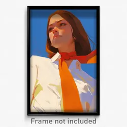 Art Poster - Woman Feeling Uncertainty Wearing Artistic Orange Necktie (Print)
