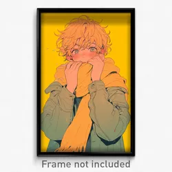 Anime Art Poster - Boy Feeling Apprehension, Creative Yellow Scarf (Print)