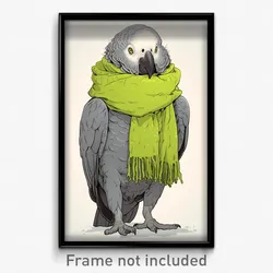 Art Poster - African Grey Parrot Feeling Bitter Wearing Periodic Green Scarf