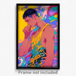 Anime Art Poster - Man Feeling Puzzled Wearing Elaborate Yellow Tank Top (Print)