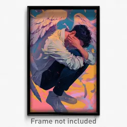 Anime Art Poster - Man Feeling Idleness Wearing Thick Angel Wings (Print)