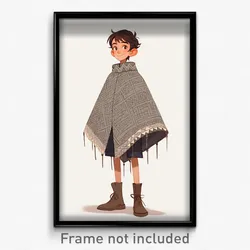 Art Poster - Boy Feeling Cheerfulness Wearing Buoyant Grey Capelet (Print)