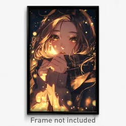 Anime Art Poster - Fireflies Feeling Enchanted Wearing Splendid Grey Scarf