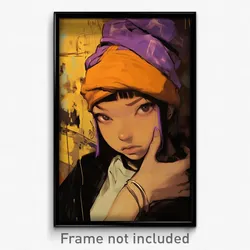 Art Poster - Girl Feeling Resentment Wearing Purple Orange Headwear (Print)