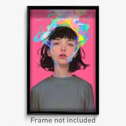 Art Poster - Girl Feeling Excitement Wearing Bubbly Grey Shirt (Print)