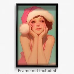 Art Poster - Girl Feeling Cheerfulness Wearing Pink Santa Hat (Print)