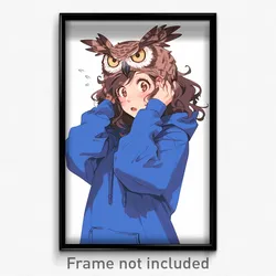 Anime Art Poster - Owl Feeling Surprise Wearing Hair Tucking Blue Hoodie