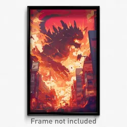 Art Poster - A Cityscape Engulfed In Flames As A Giant Kaiju Rampages Through