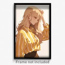Anime Art Poster - Girl Feeling Epiphany, Yellowish Pinstripe Shirt (Print)
