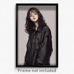 Anime Art Poster - Woman Feeling Miserliness Wearing Cherry Black Shirt (Print)