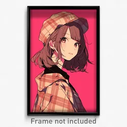 Anime Art Poster - Girl Feeling Mixed Up Wearing Grand Plaid Headwear (Print)