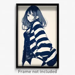 Anime Art Poster - Woman Feeling Indifference, Striking Striped Jacket (Print)