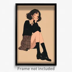 Anime Art Poster - Woman Feeling Bored Wearing Memorable Black Socks (Print)