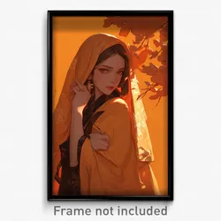 Art Poster - Girl Feeling Reluctant Wearing Golden Orange Kimono (Print)