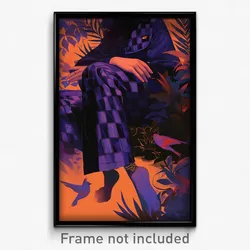 Art Poster - Woman Feeling Vigilance Wearing Purple Checkered Clothes (Print)