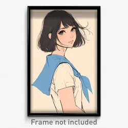 Anime Art Poster - Woman Feeling Serenity Wearing Childlike Blue Sailor Collar