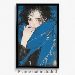 Anime Art Poster - Woman Feeling Coercive Wearing French Blue Scarf (Print)