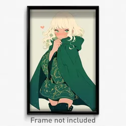 Anime Art Poster - Girl Feeling Love Wearing Immaculate Green Cape (Print)