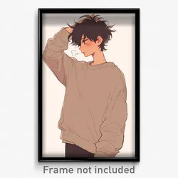 Anime Art Poster - Boy Feeling Lazy Wearing Oddball Beige Sweater (Print)