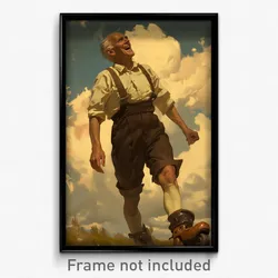 Art Poster - Man Feeling Thrilled Wearing Extra Large Roller Skates (Print)