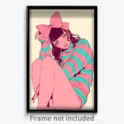 Art Poster - Woman Feeling Miserliness Wearing Cute Striped Ribbon (Print)
