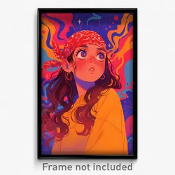 Art Poster - Girl Feeling Curiosity Wearing Gray Red Bandana (Print)