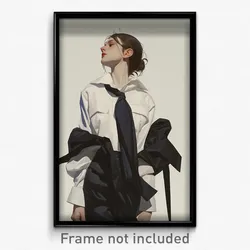 Art Poster - Woman Feeling Mystified Wearing Marvelous Side Tie Shirt (Print)