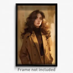 Art Poster - Girl Feeling Nostalgic Wearing Dramatic Brown Jacket (Print)