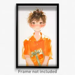 Anime Art Poster - Boy Feeling Helpless Wearing Orange Gift Bag (Print)